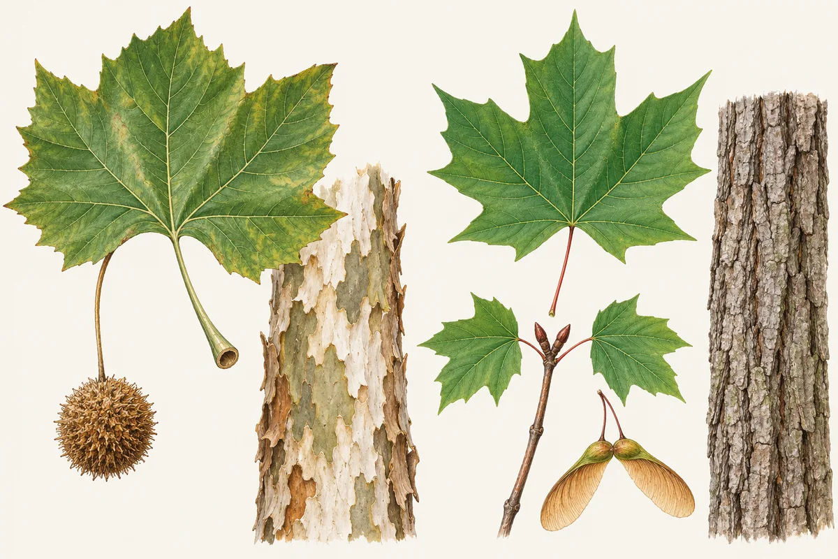 Illustration comparing American sycamore and maple: a sycamore leaf, round seed ball and patchy peeling bark beside a maple leaf, paired winged seeds and furrowed bark