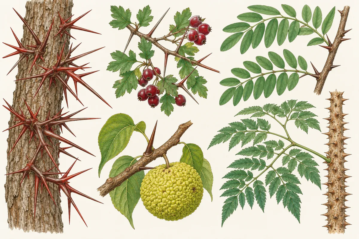 Illustration of the thorns of honey locust, hawthorn, black locust, Osage orange and devil's walking stick