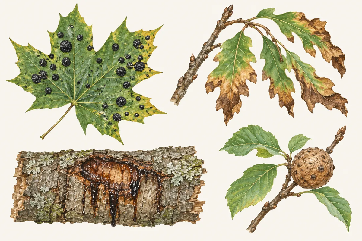 Illustration of four tree problems: a maple leaf with black tar spots, oak leaves browning from the tips, a bark canker with dark ooze and a round woody gall on a twig