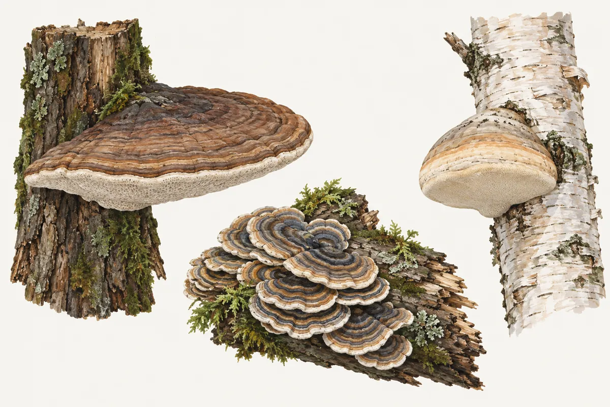 Illustration of three bracket fungi: a large artist's conk on a trunk, a cluster of banded turkey tail on a log and a birch polypore on a white birch trunk