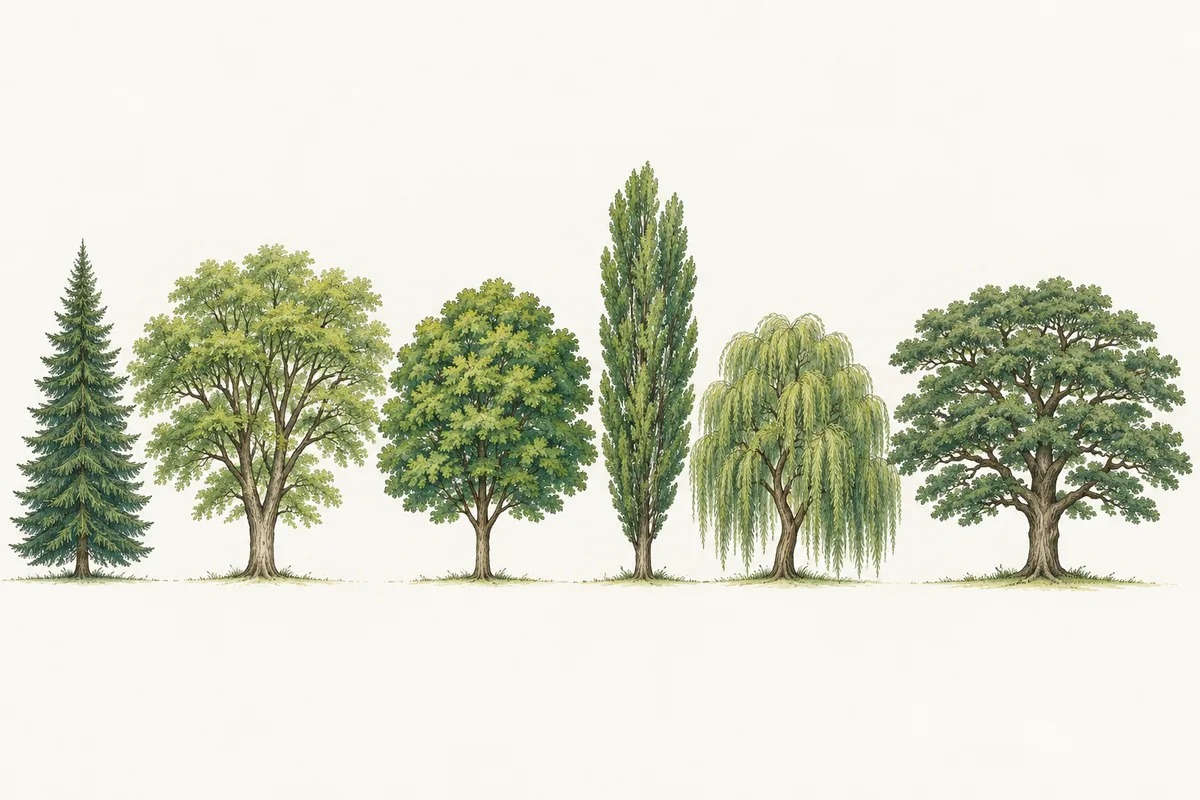 Illustration of six tree shapes in a row: a narrow spruce cone, a vase-shaped elm, a round maple, a columnar poplar, a weeping willow and a spreading oak