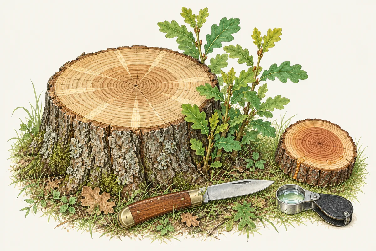 Illustration of a tree stump with growth rings and young oak sprouts, a cut log slice, a pocket knife and a hand lens