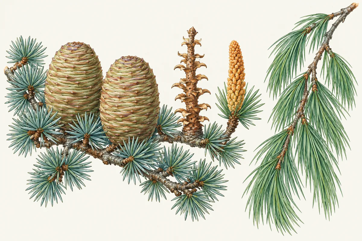 Illustration d'un rameau de cèdre de l'Atlas aux aiguilles en rosettes, de deux cônes dressés en tonnelet, d'un axe de cône nu, d'un cône mâle dressé et d'un rameau retombant de cèdre de l'Himalaya