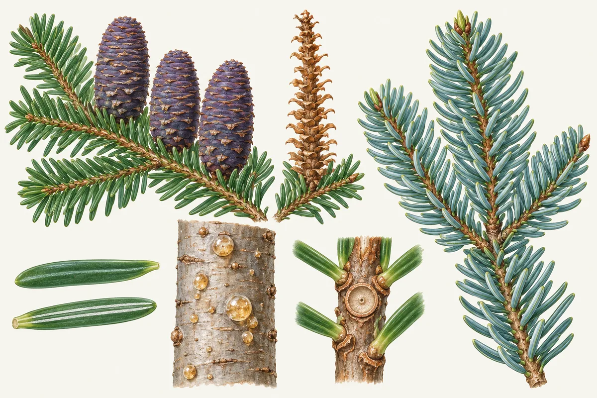 Illustration of fir: a branch with upright purple cones, a bare cone spike left after the scales fall, flat needles with round leaf scars on the twig, a smooth trunk with resin blisters and a blue-green sprig