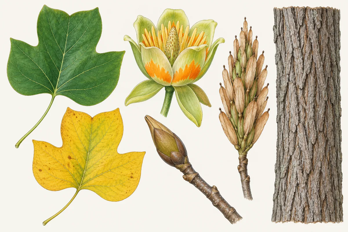 Illustration of tulip tree leaves in green and autumn yellow, an orange-banded tulip flower, a flat bud, an upright seed cone and bark