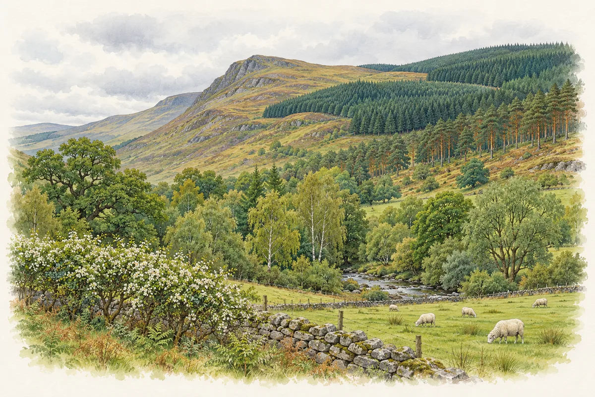 Illustration of a British valley with a Sitka spruce plantation, Scots pines, and oak, birch and ash woodland beside a hedgerow