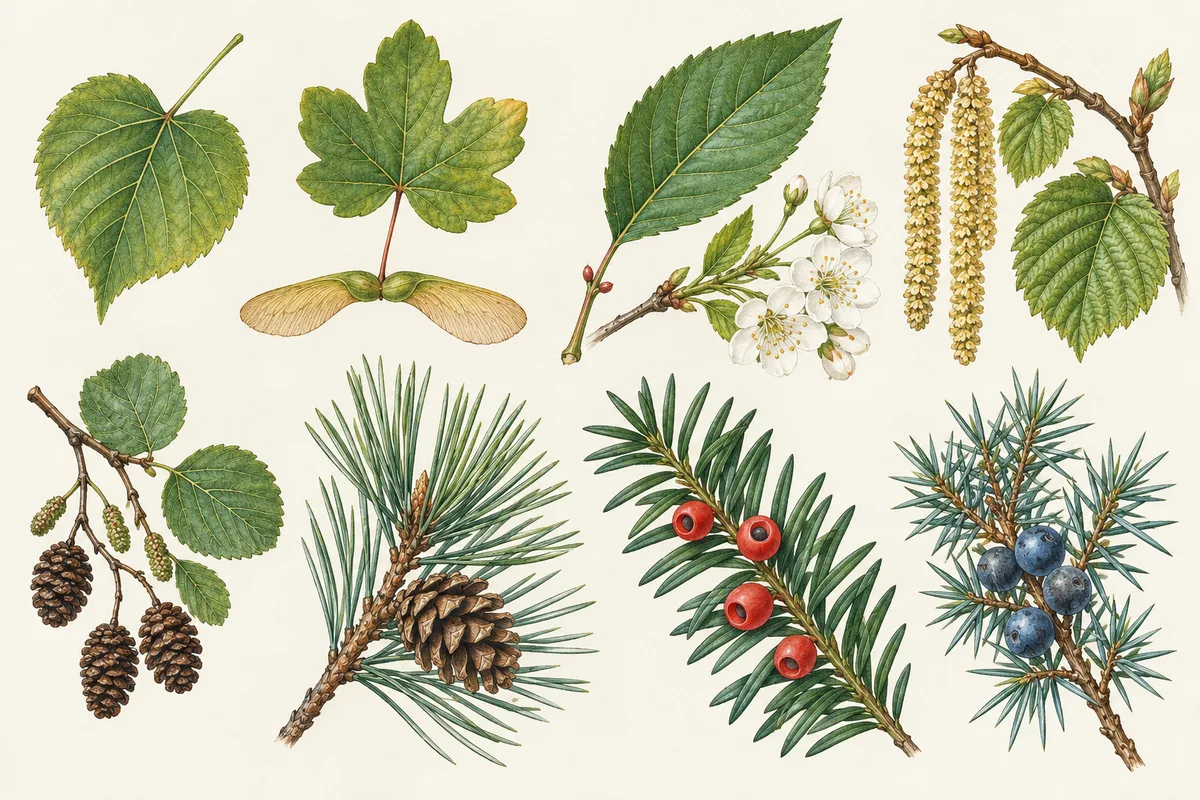 Illustration of native British trees: small-leaved lime, field maple, wild cherry, hazel, alder, Scots pine, yew and juniper