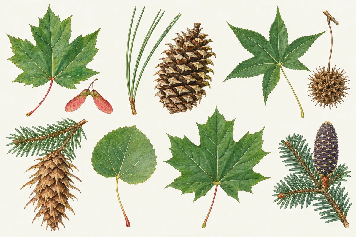 Illustration of leaves, needles and cones of common US trees: red maple, loblolly pine, sweetgum, Douglas-fir, quaking aspen, sugar maple and balsam fir