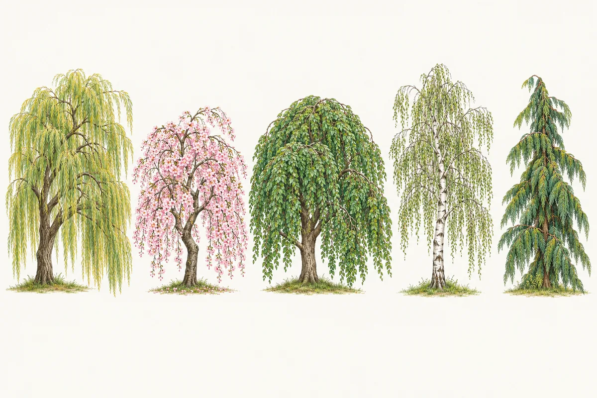 Illustration of five weeping tree shapes side by side: weeping willow, a weeping cherry in bloom, weeping beech, weeping birch and a weeping conifer
