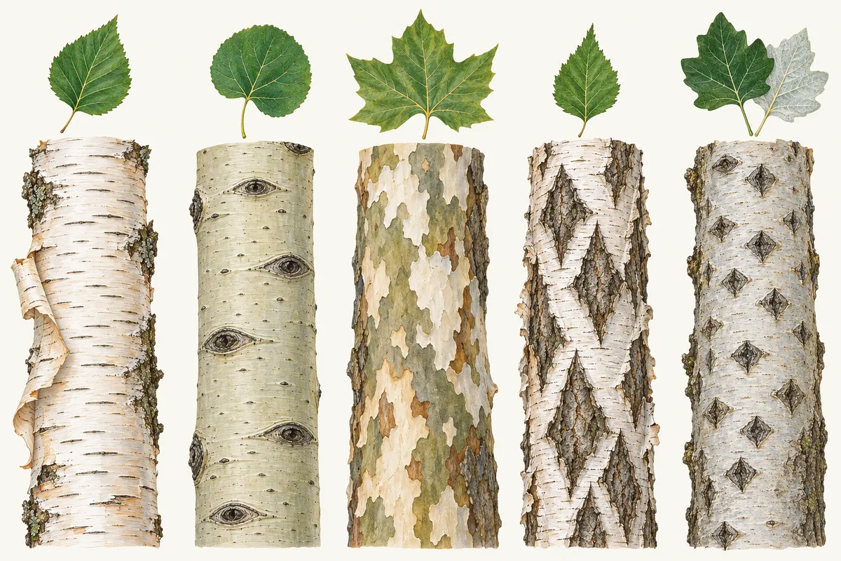 Illustration of the white bark of paper birch, quaking aspen, American sycamore, silver birch and white poplar, each with its leaf