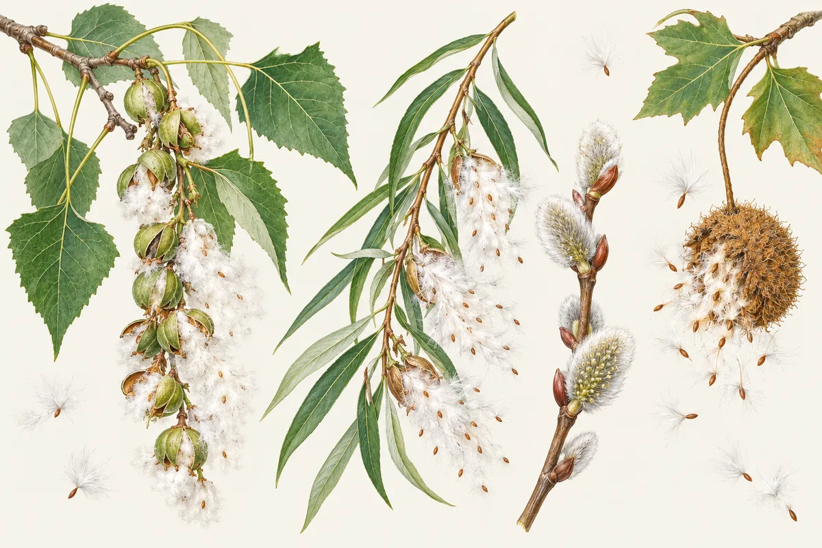 Illustration of trees that shed white fluff: a cottonwood twig with open seed pods, willow catkins releasing fluff, pussy willow buds and a seed ball breaking apart
