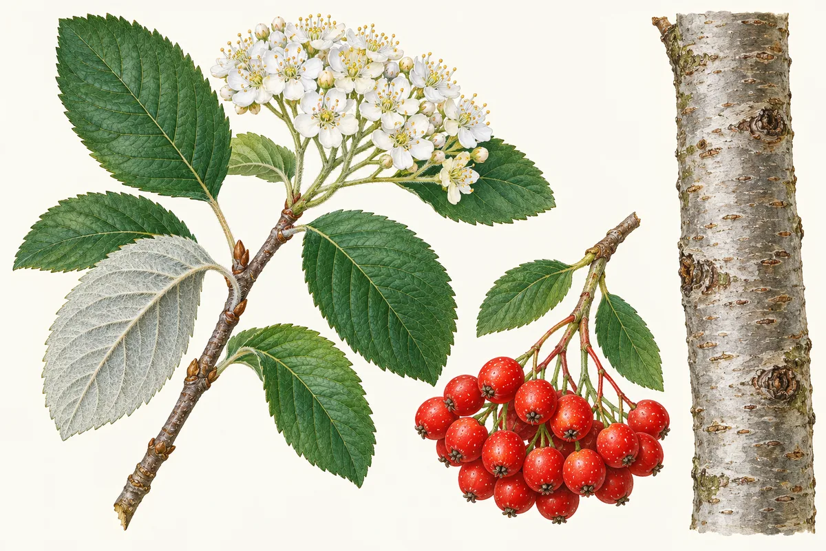 Illustration of a whitebeam twig with toothed leaves, one turned to show its white underside, white flower clusters, red berries and grey bark