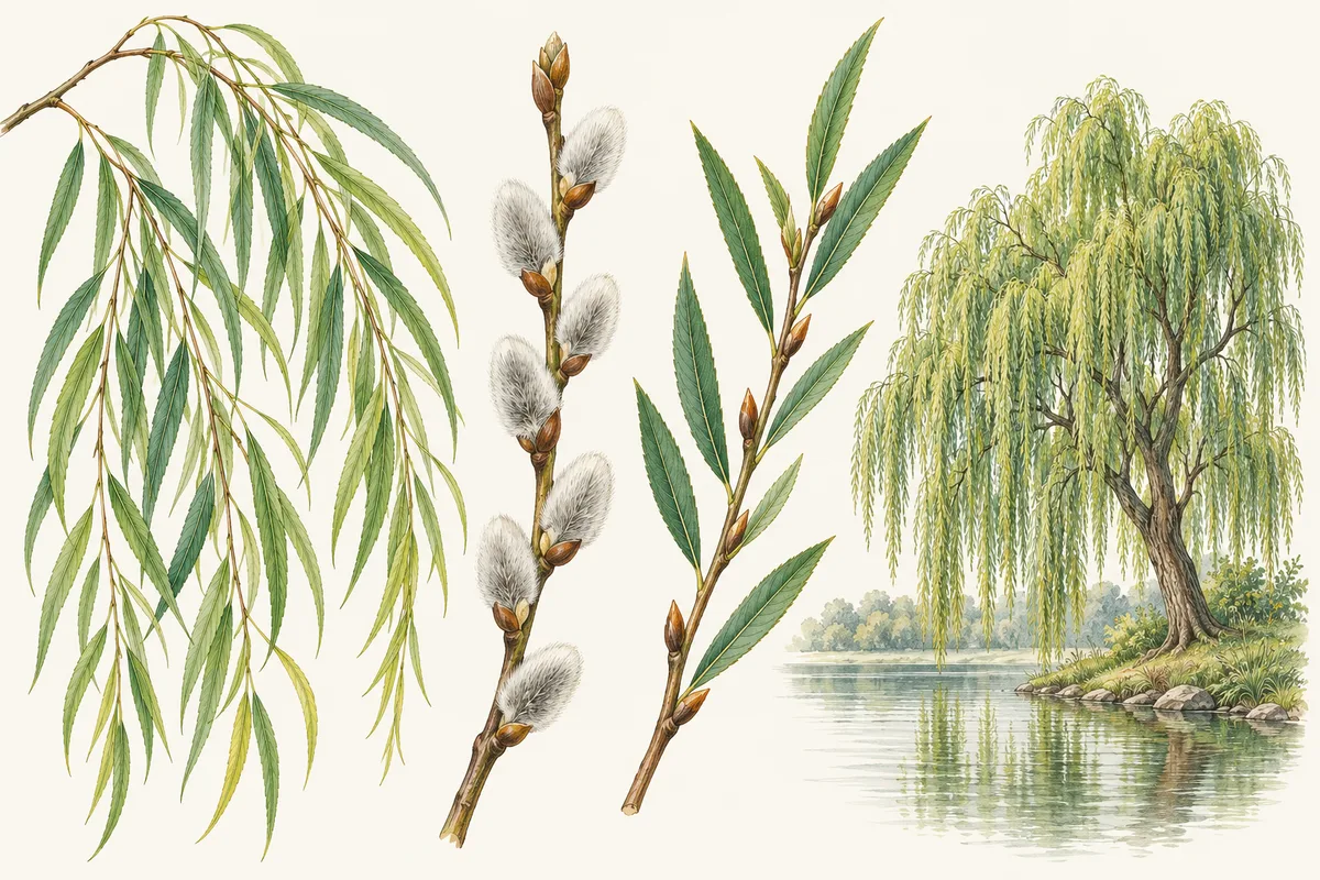 Illustration of a weeping willow branch, a pussy willow twig, a black willow twig and a weeping willow by a pond