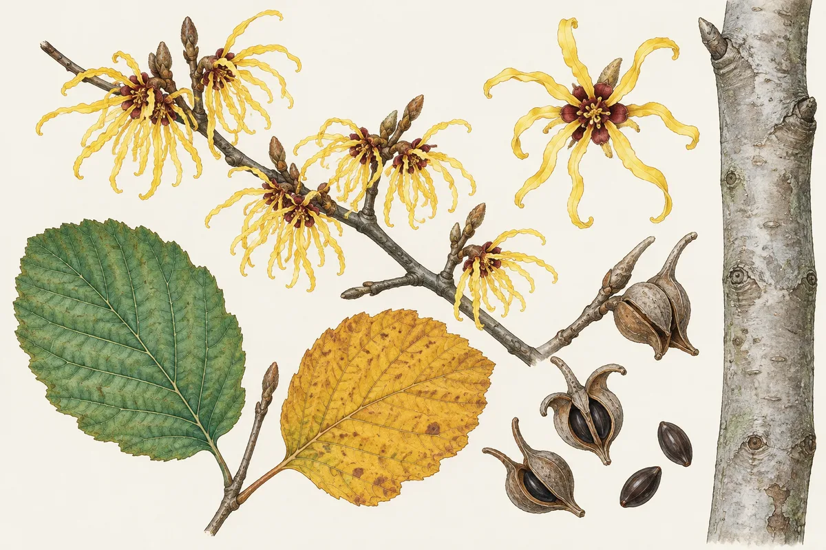 Illustration of witch hazel: a twig with spidery yellow flowers, a green leaf and a yellow autumn leaf with wavy edges, split woody seed capsules and smooth grey bark