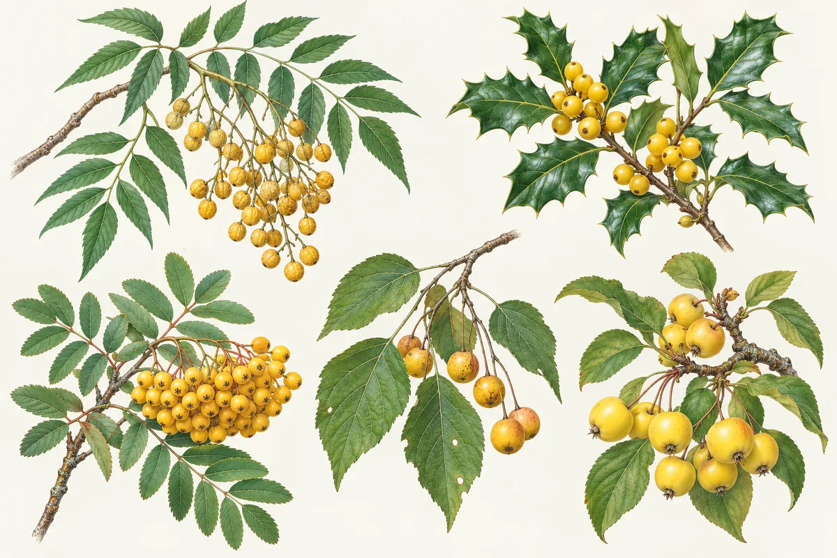 Illustration of trees with yellow berries: clusters of yellow fruit on compound-leaved branches, yellow holly berries, yellow rowan and small yellow crabapples