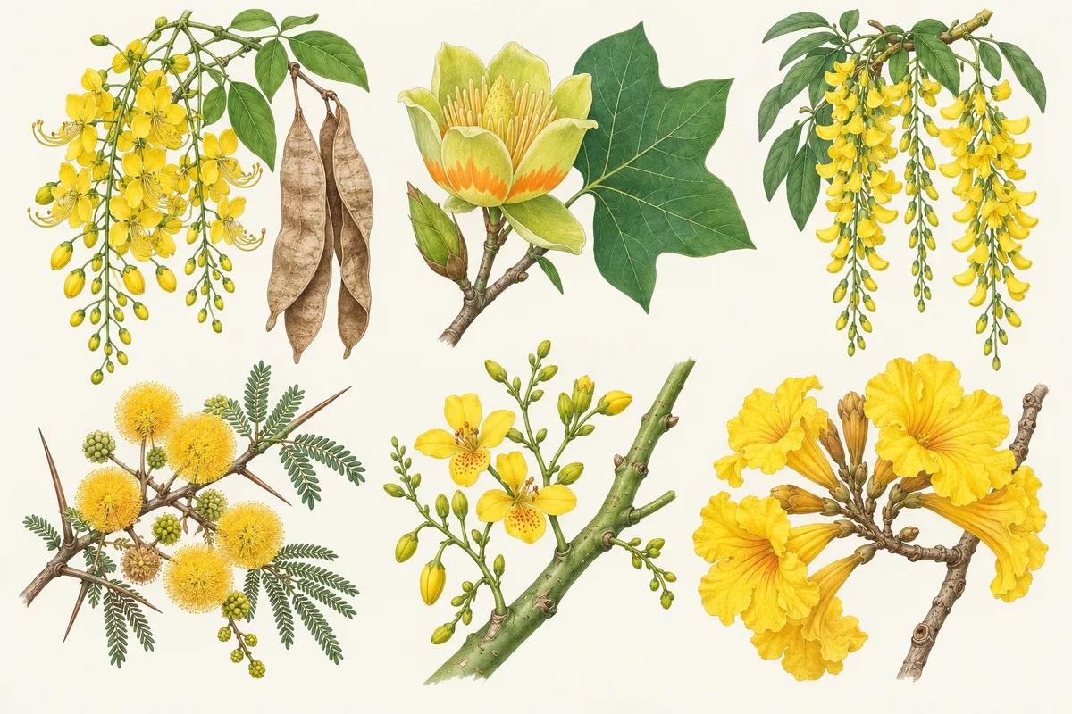 Illustration of yellow tree flowers: long hanging golden chain tree clusters, a tulip tree flower, acacia pom-poms, palo verde and yellow tabebuia trumpets