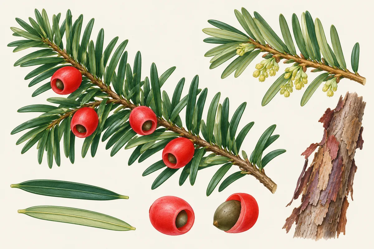 Illustration de l'if : rameau aux aiguilles plates, arilles rouges et écorce brun-rouge