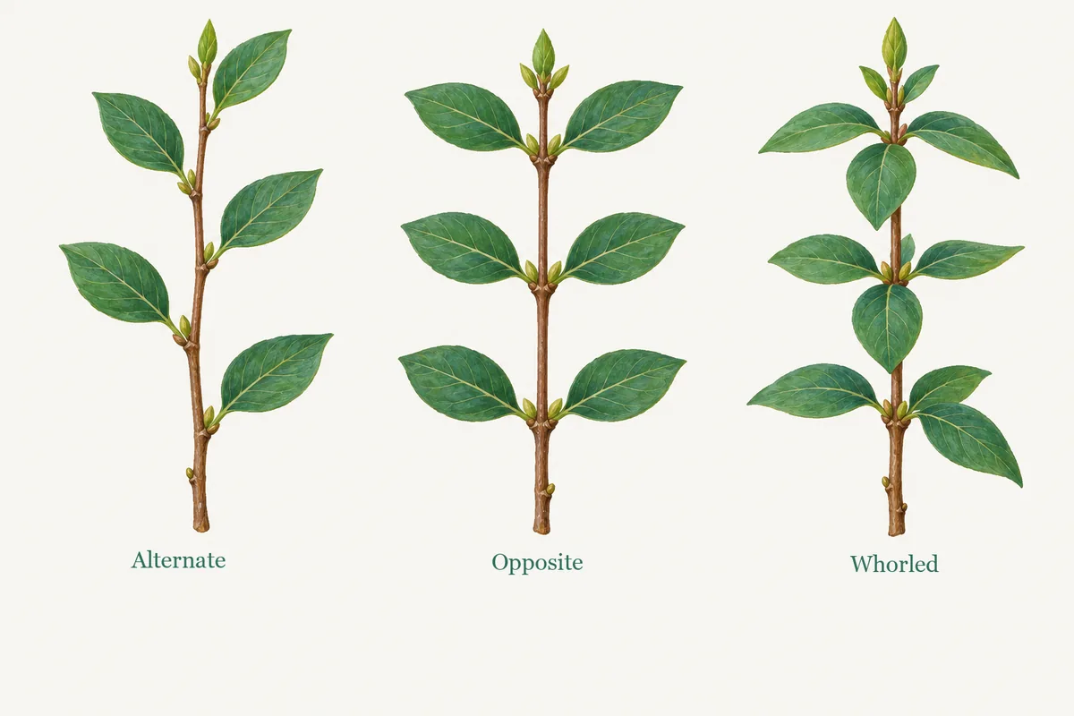 Chart of three leaf arrangements: Alternate, Opposite, Whorled