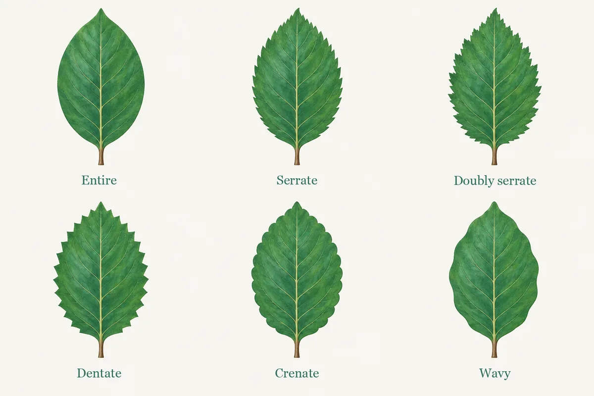 Chart of six leaf margins: Entire, Serrate, Doubly serrate, Dentate, Crenate, Wavy