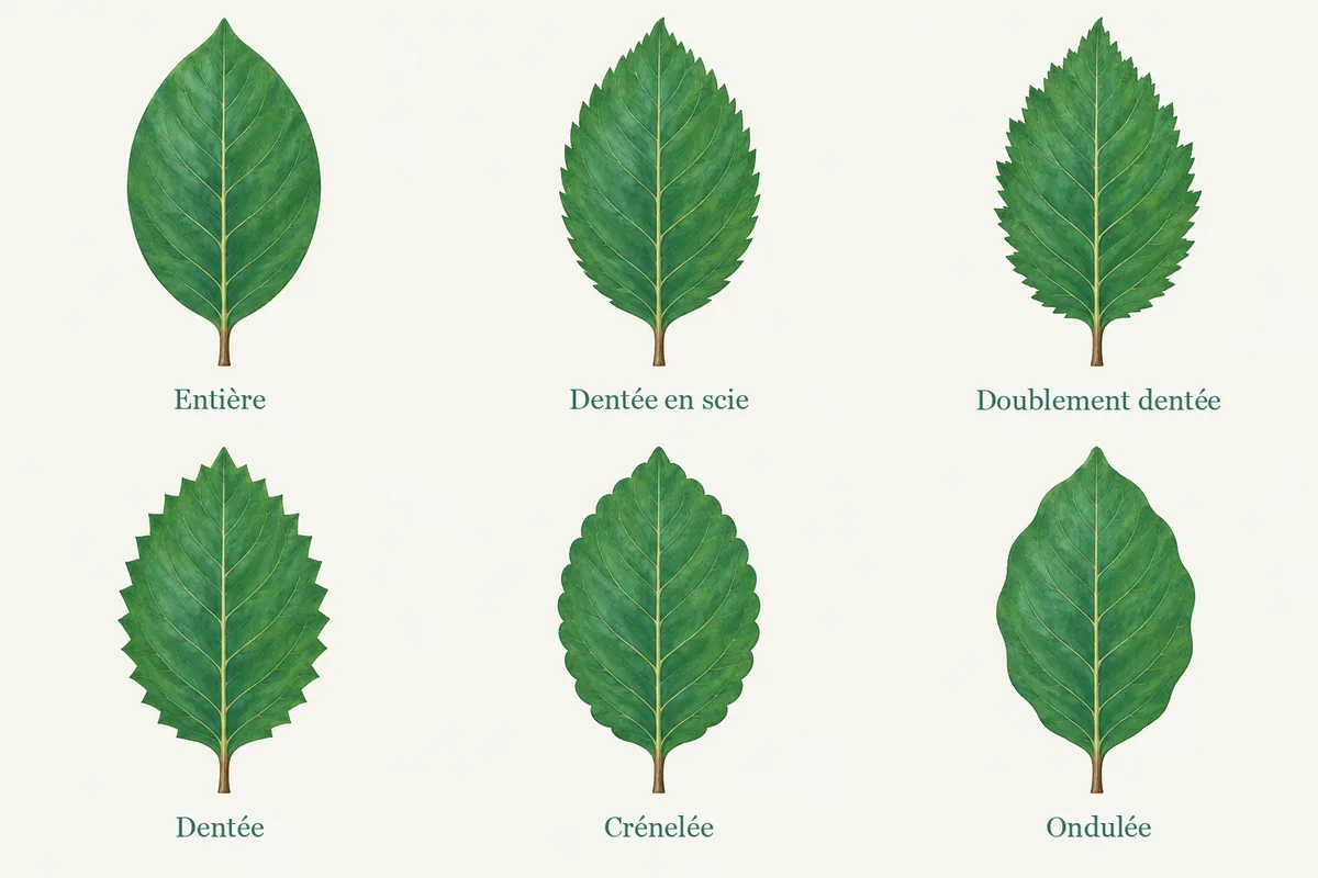 Planche de six bords de feuilles : Entière, Dentée en scie, Doublement dentée, Dentée, Crénelée, Ondulée