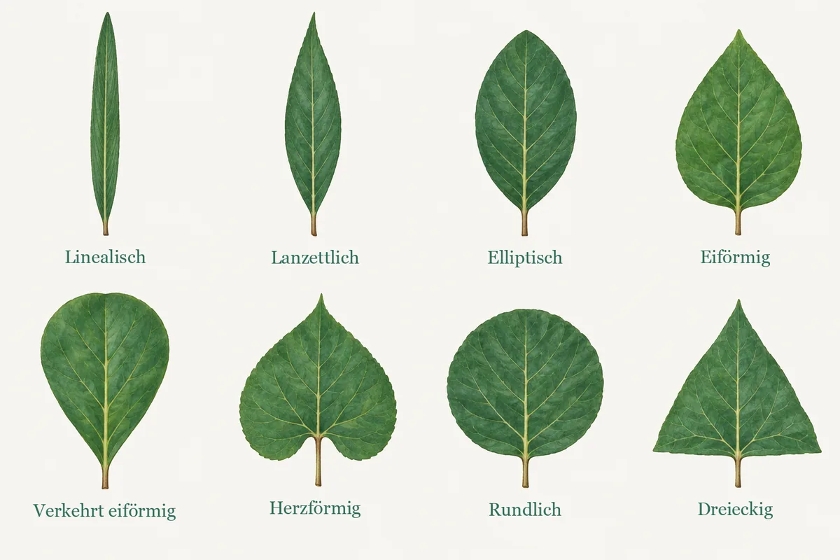 Tafel mit acht Blattformen: Linealisch, Lanzettlich, Elliptisch, Eiförmig, Verkehrt eiförmig, Herzförmig, Rundlich, Dreieckig