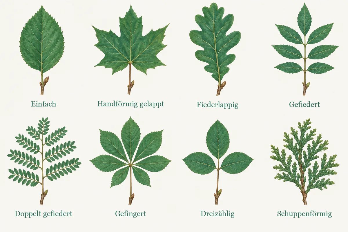 Tafel mit acht Blattarten: Einfach, Handförmig gelappt, Fiederlappig, Gefiedert, Doppelt gefiedert, Gefingert, Dreizählig, Schuppenförmig