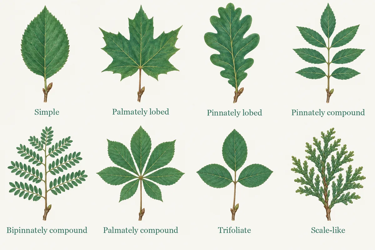 Chart of eight leaf types: Simple, Palmately lobed, Pinnately lobed, Pinnately compound, Bipinnately compound, Palmately compound, Trifoliate, Scale-like