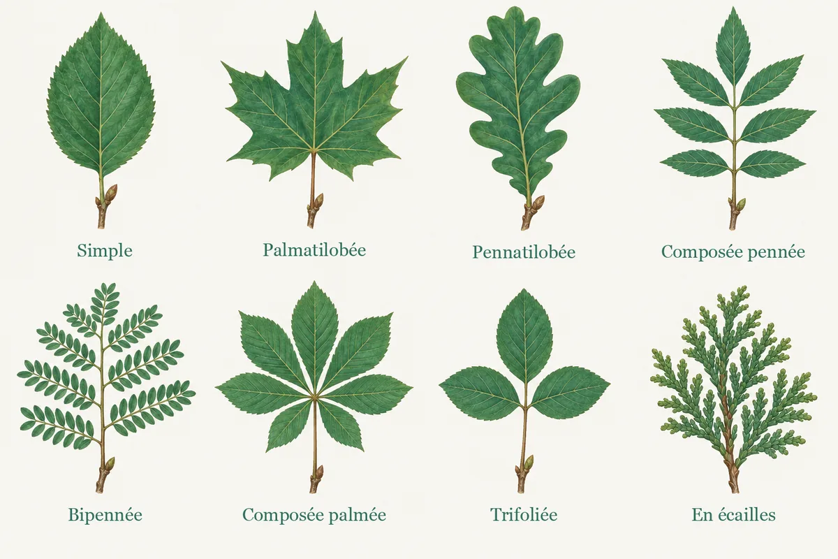 Planche de huit types de feuilles : Simple, Palmatilobée, Pennatilobée, Composée pennée, Bipennée, Composée palmée, Trifoliée, En écailles